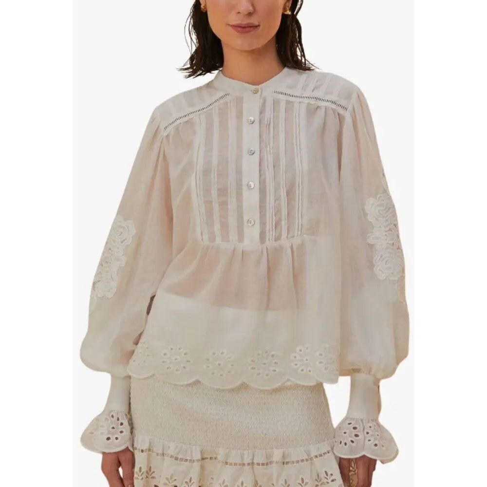 Farm Rio Cotton Peasant Blouse In Off White Size L